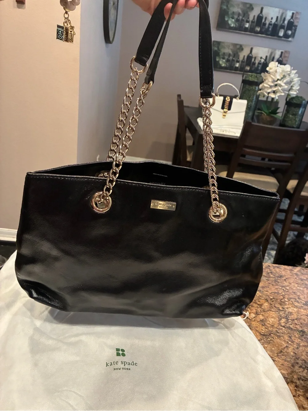 kate spade Black Leather Tote with Gold Chain Handles